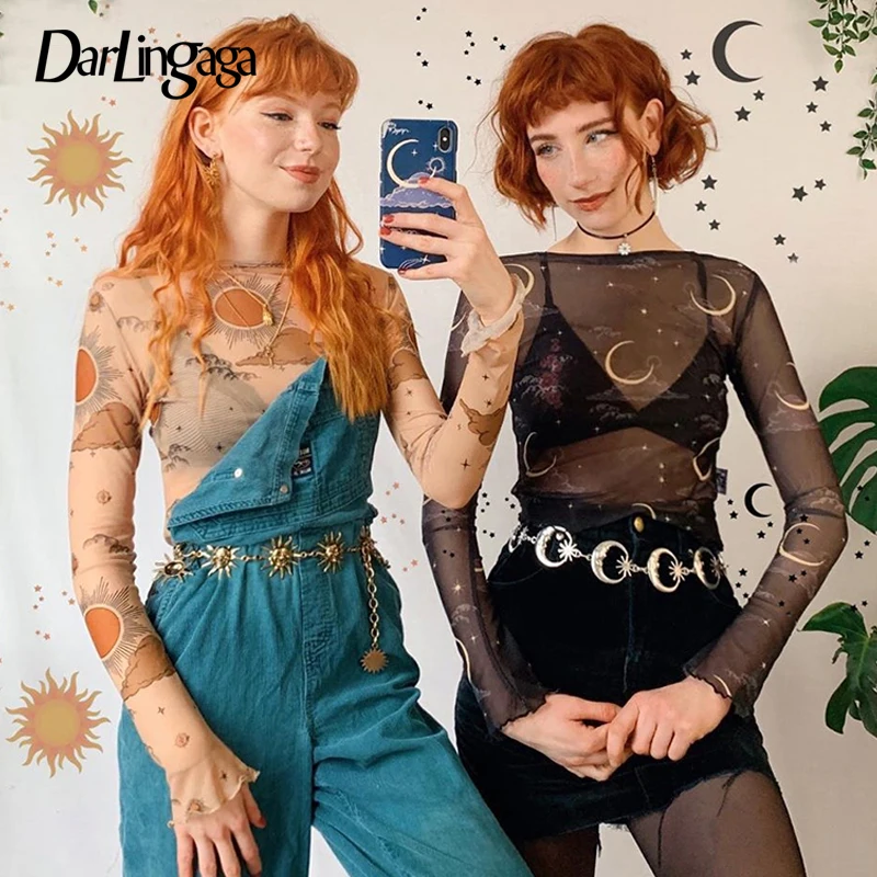 T-Shirt Mesh-Top Crop-Tops Long-Sleeve Transparent Harajuku Print Darlingaga Sun-Moon