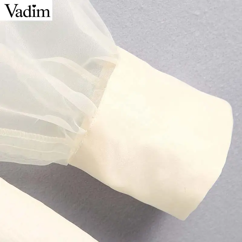 Vadim women elegant organze beige blouse transparent style bow tie collar lantern sleeve female see through tops blusas LB542