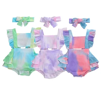 

Summer Toddler Newborn Baby Girls Rompers Sleeveless Backless Tie Dye Print Romper Jumpsuits Headband Infant Clothing Outfits