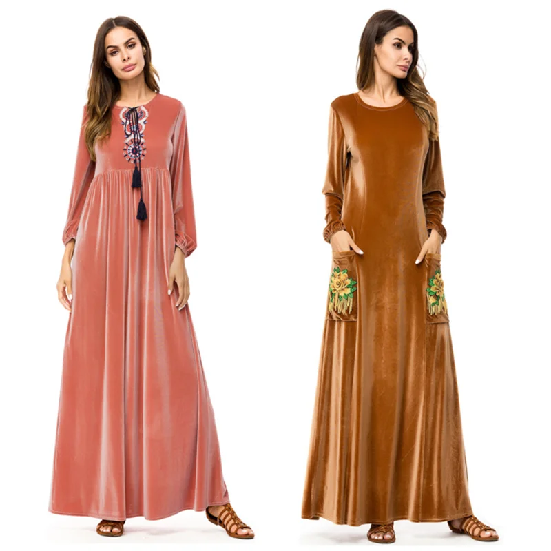 Арабское золото бархат вышитые abaya девушка повседневная сплошной цвет мозаика фонарь платье макси с длинным рукавом зима M-4XL фланель