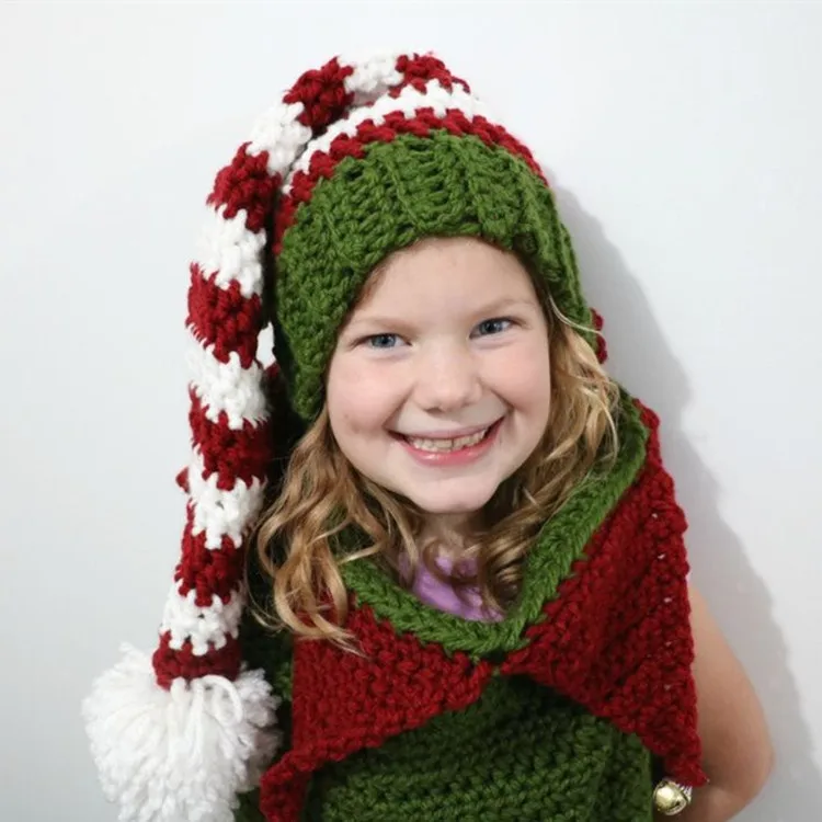 Детская вязаная Рождественская шляпа с длинным хвостом для фотографирования новорожденных реквизит красно-белые полоски детские шапочки, вязанные крючком Детские принадлежности для фотосъемки