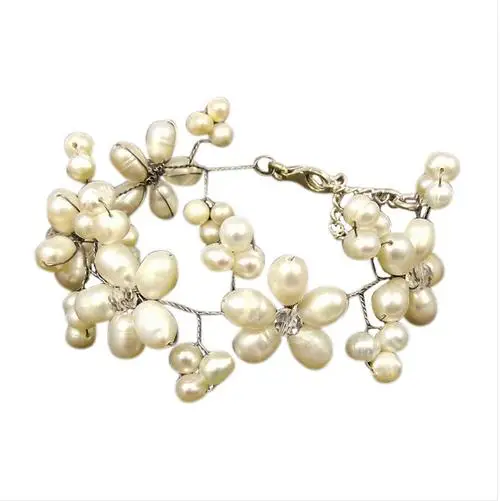 

Classic Luck Pearl Jewelry White Color Silver Wire Real Freshwater Pearl Crystal Beads Mini Floral Bracelet Hot Sale Women Gift