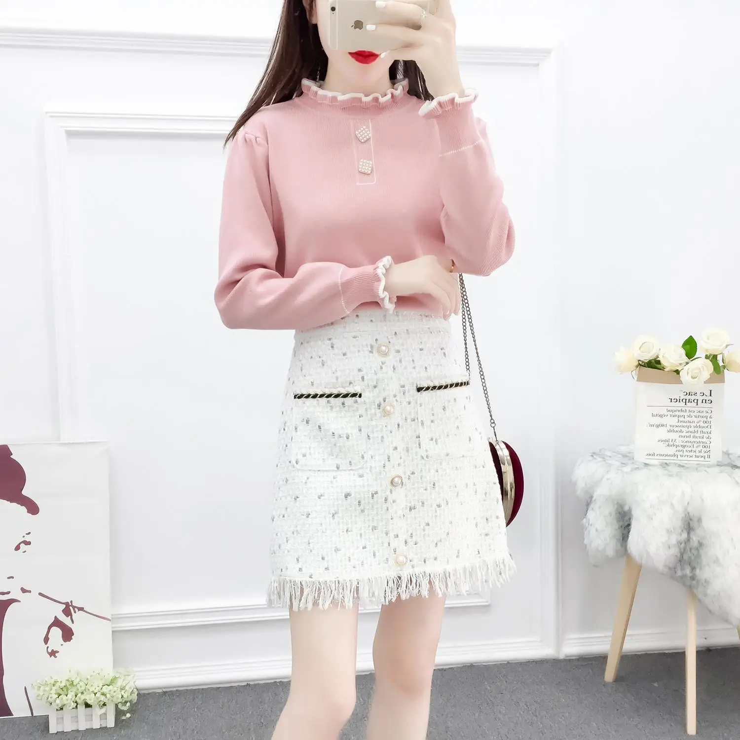 

new winter skirt fashion suits nail drill falbala sweaters sweet pocket skirts two-piece outfit top knitwear tassel skirt suit