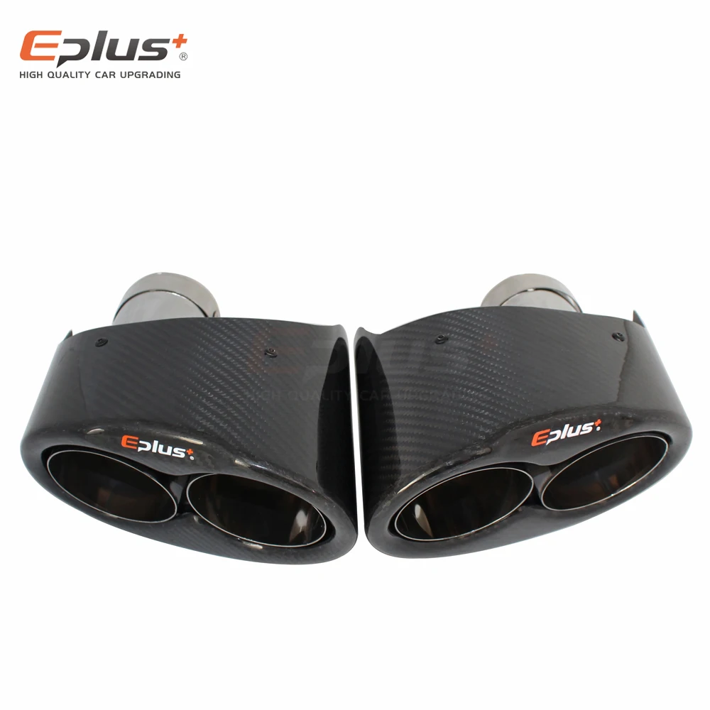 EPLUS Siamese Car Carbon Fiber Glossy Muffler Tip h Shape Double Exit Universal Stainless Silver Exhaust Mufflers Nozzle