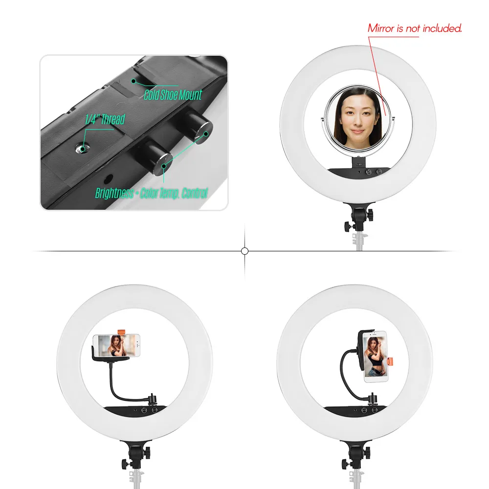 18" LED Video Ring Light Kit w/2m Light Stand/Mirror/Phone Holder/Bag 80W Dimmable 3200K-5800K Bi-color Video Studio Lighting