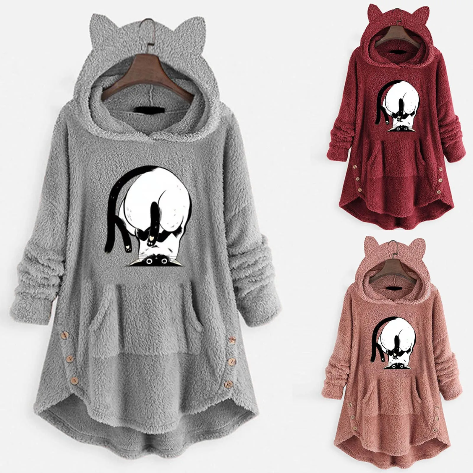 Fashion Hoodies Women Sweatshirts Winter Warm Jackets Patchwork Printed Irregular Plush Hooded Coat Pullover Tops Kawaii Clothes 1