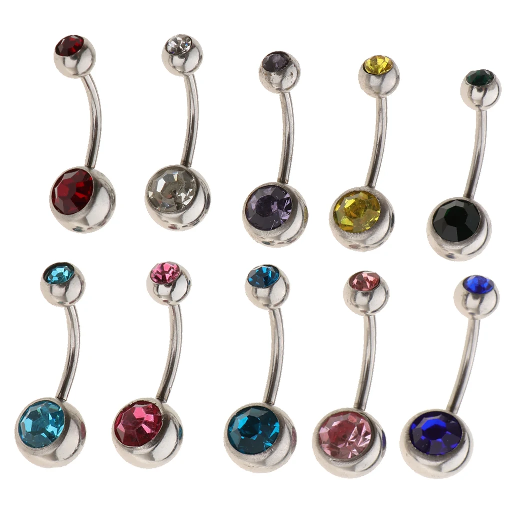 10Pcs - VALUE PACK - Navel Ring Barbell Crystal Rhinestone Belly Button Ring Bar Piercing 18g Gauge