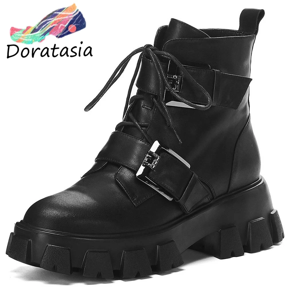 

DORATASIA Brand Design Platform Ankle Boots Women 2020 Decorating Genuine Leather Booties Casual Chunky Heels Shoes Woman