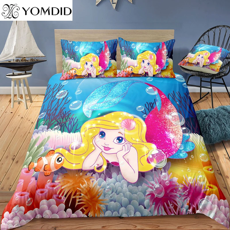 

Cartoon mermaid bedding sets princess mermaid duvet cover set queen king size printed quilt cover with pillowcase home decor