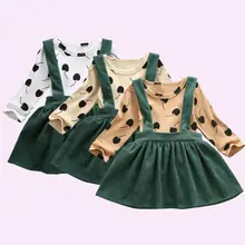 Комплекты одежды из 2 предметов для маленьких девочек топы в горошек с длинными рукавами+ платье на лямках теплый комплект одежды