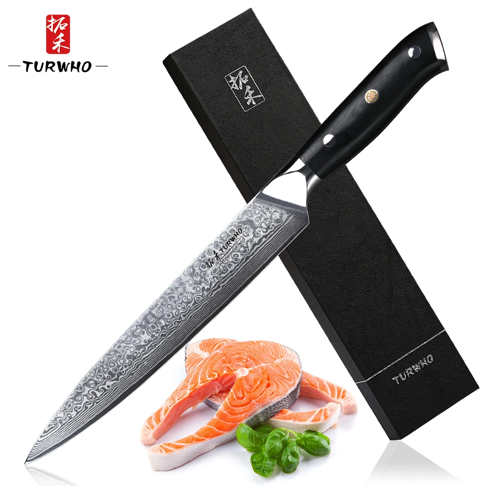 

2019 TURWHO 8'' Slicing Knife Damascus Kitchen Knives 67 layers VG10 Steel Knife Meat Fish Salmon G10 Handle