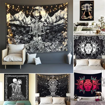 

Skull King Meditating In Flowers Sun Moon Tapestry Mandala Carpet Hippie Divination Tarot Cat Witchcraft Wall Hanging Blanket