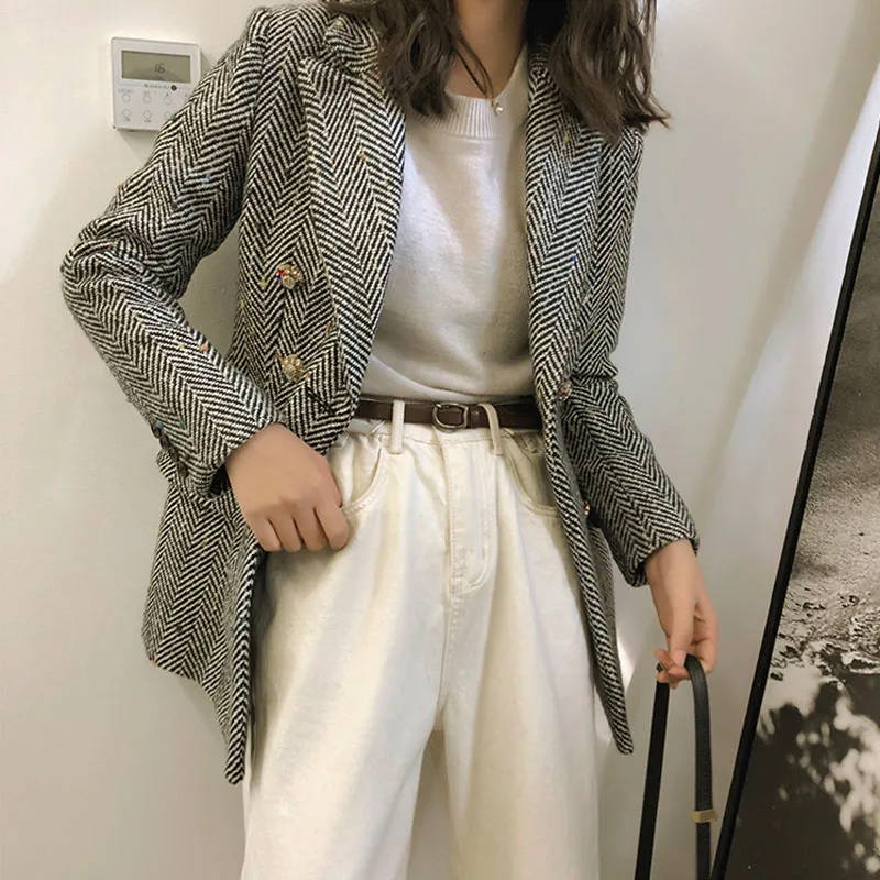 autumn and winter women's suit casual striped double-breasted suit