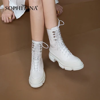 

SOPHITINA Women's Boots Fashion High Quality Leather Handmade Middle High Heel Thick Bottom Motorcycle Boots Women Shoes SO555