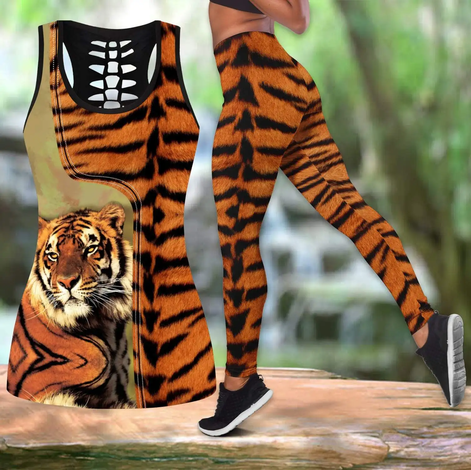 Powerful Tiger 3D All Over Printed Hollow Tank Top & Leggings Set Fitness  Female Full Length Leggings Running Pants DDK57