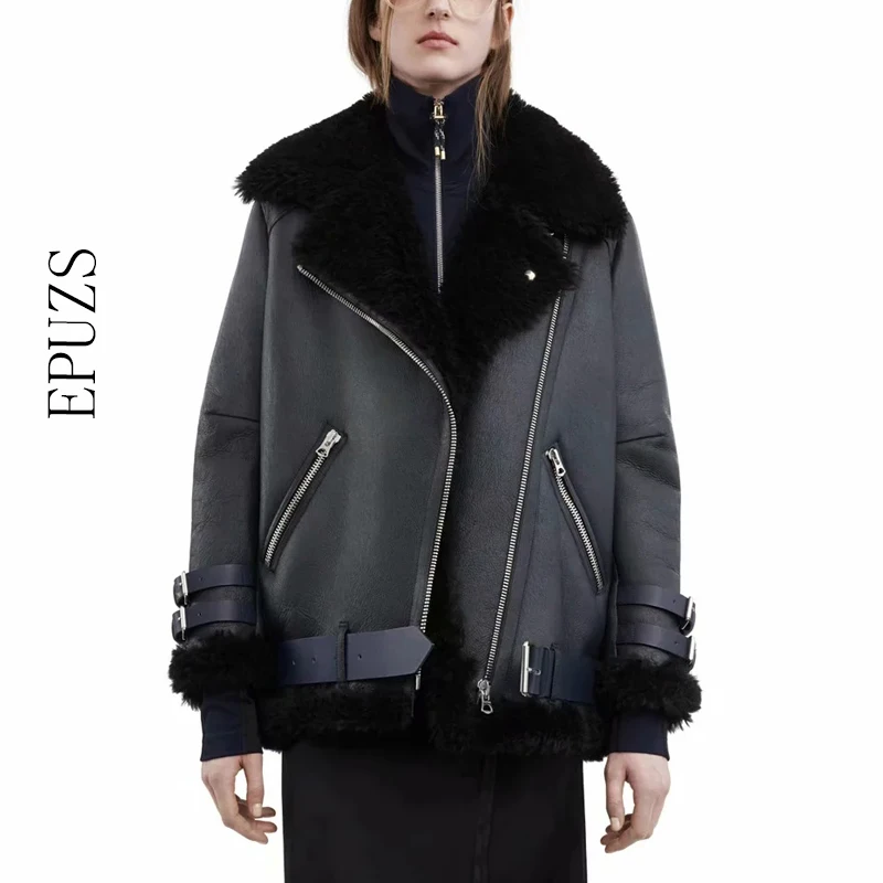 

Winter coat women thick black PU leather jacket long sleeve faux fur biker jacket Streetwear Punk motorcycle coat 2020