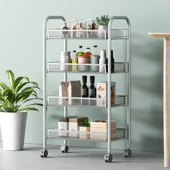 

3/4-Tier Mesh Wire Rolling Cart Multifunction Utility Cart Kitchen Storage Cart on Wheels, Steel Wire Basket Shelving Trolley
