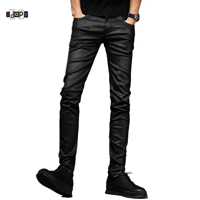 Black Idopy мужские джинсы с покрытием Вощеные черные мотоциклетные джинсы в стиле панк облегающие байкерские джинсовые штаны для мужчин - Цвет: Black