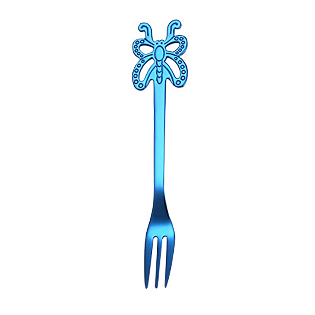Портативный стиль бабочки из нержавеющей стали чайная десертная ложка Вилка кухонная посуда - Цвет: Blue Fork