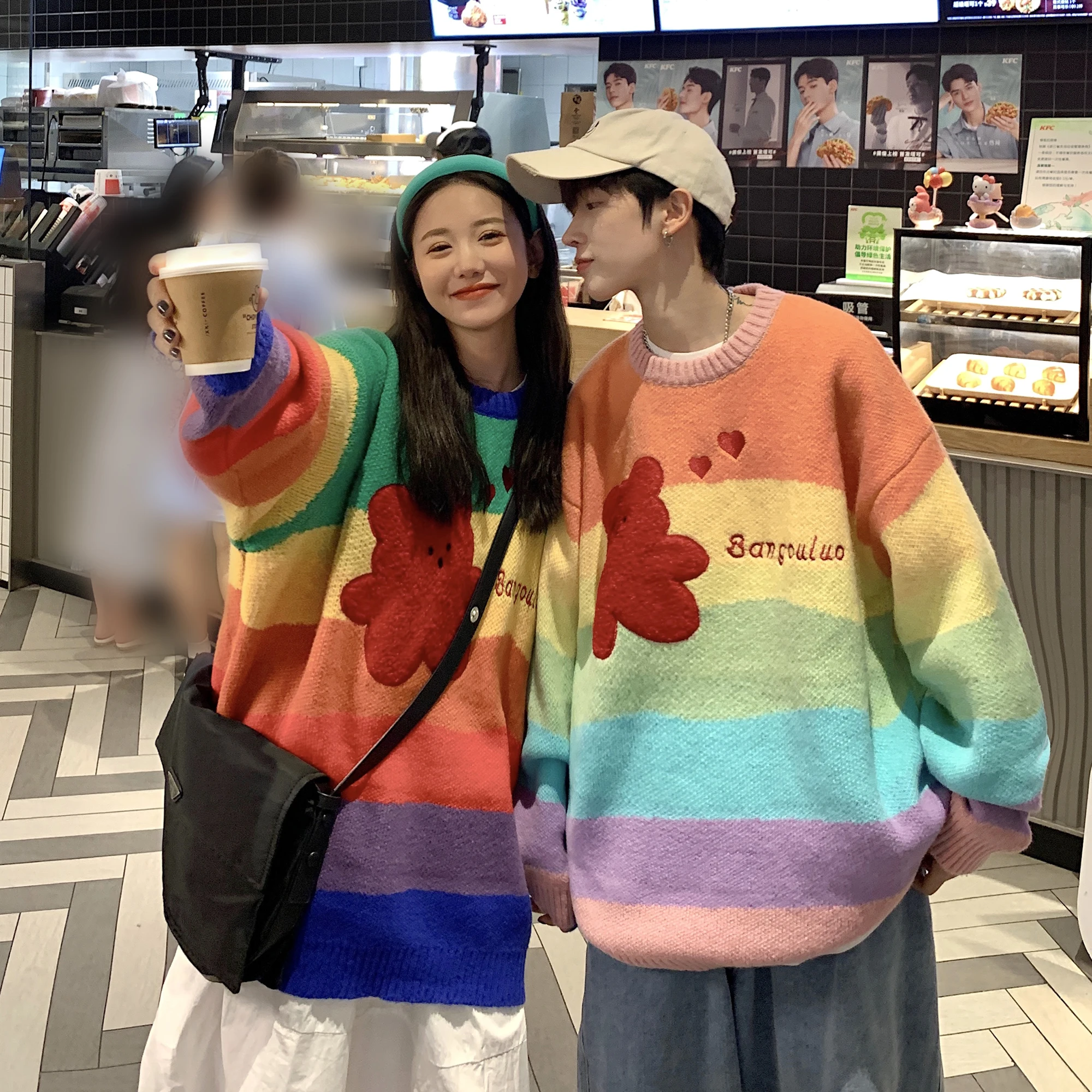 

Hong Kong Wind Bear Rainbow Contrast Color Pullover Long Sleeve Round Neck Casual Pullover Knitwear Male Couple