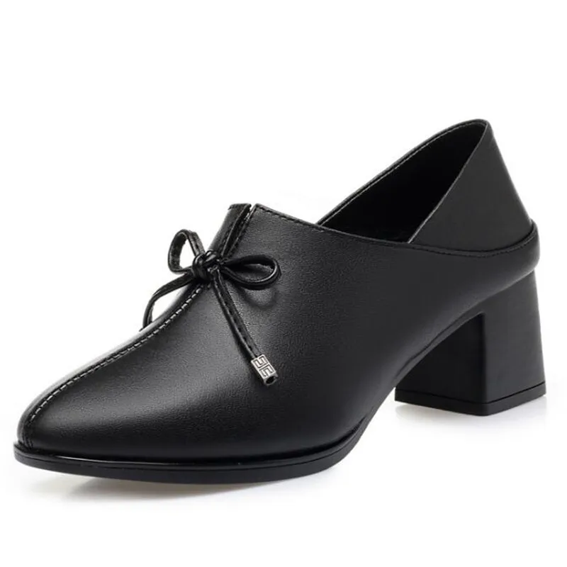 

ZXRYXGS Spring Black Shoes Woman Full Genuine Leather Shoes High Heels Women Shoes Elegant Bow Fashion Shoes Casual Plus Size