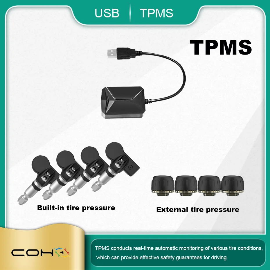 

USB Android TPMS Tire Pressure Monitoring System Wireless Transmission 8 bar 116 psi Alarm System 5V Internal External