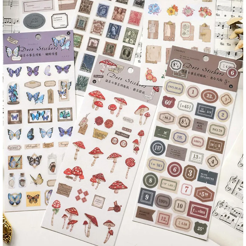 

Vintage Butterfly Mushroom Retro Hand Account Decorative Stickers for Journey Diary Notebook Album
