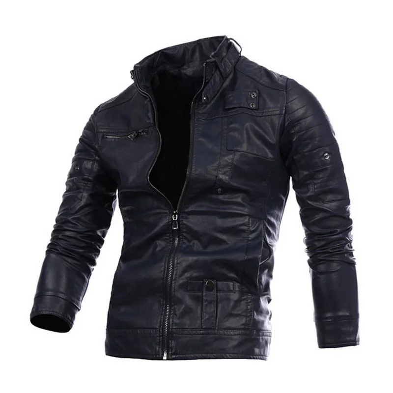 MoneRffi новые мужские кожаные куртки мотоциклетная куртка из искусственной кожи мужские осенние повседневные кожаные пальто приталенная Мужская брендовая одежда пальто - Цвет: navy blue