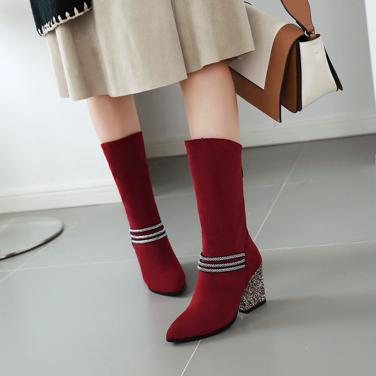 New mid-calf boots woman bling high heels boots warm autumn winter office ladies dress shoes large size 34-43