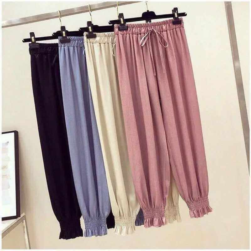 

Autumn Women Comfy Harem Pants Mid Waist Elastic Drawstring Solid Color Loose Straight Casual Long Nine Pants