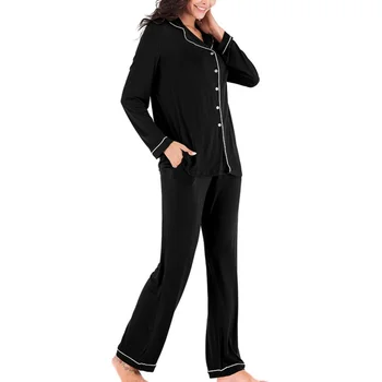 

2020 New Modal Pajamas Sets Women Sleepwear Long-sleeve V-neck Trousers Thin Simple Pyjamas Women Casual Home Clothes