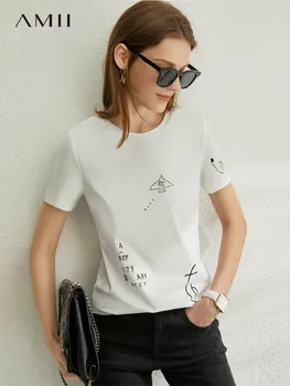 

AMII Minimalism Spring Summer Printed Women Tshirt Tops Causal Oneck Short Sleeves Loose Female Tshirt 12070232