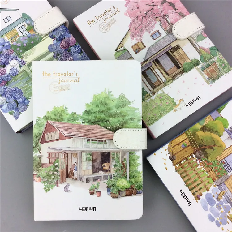 Small Fresh Hand Account 32K Color Page Magnetic Buckle Blank Notebook Coated Side Travel Account 3 Beautiful Town