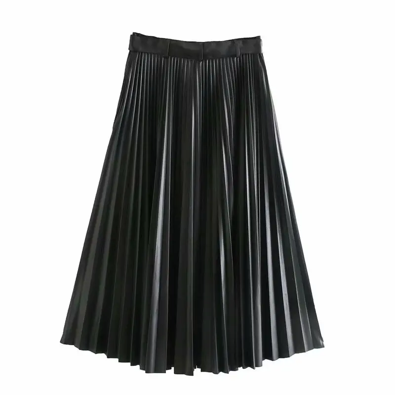 

2020 New Style High-waisted Poly Urethane Leather Pleated Skirt Women's Mid-length Versatile Western Style Slimming Black And Wh