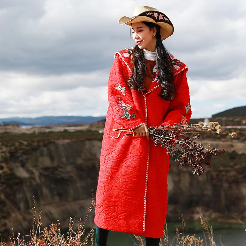 

Fall 2019 Women Autumn Casual Loose Sweet Red Lace Trench Long Coat Ladies Elegant Embroidery Hooded Clothes casacas para mujer