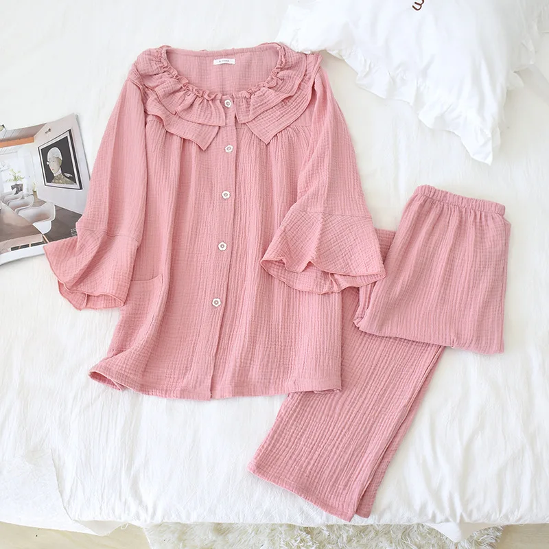 Womens New Casual Round Neck Pajamas Three Quarter 100% Cotton Solid Crepe Pajama Set Woman Sleepwear Loungewear Home Clothes