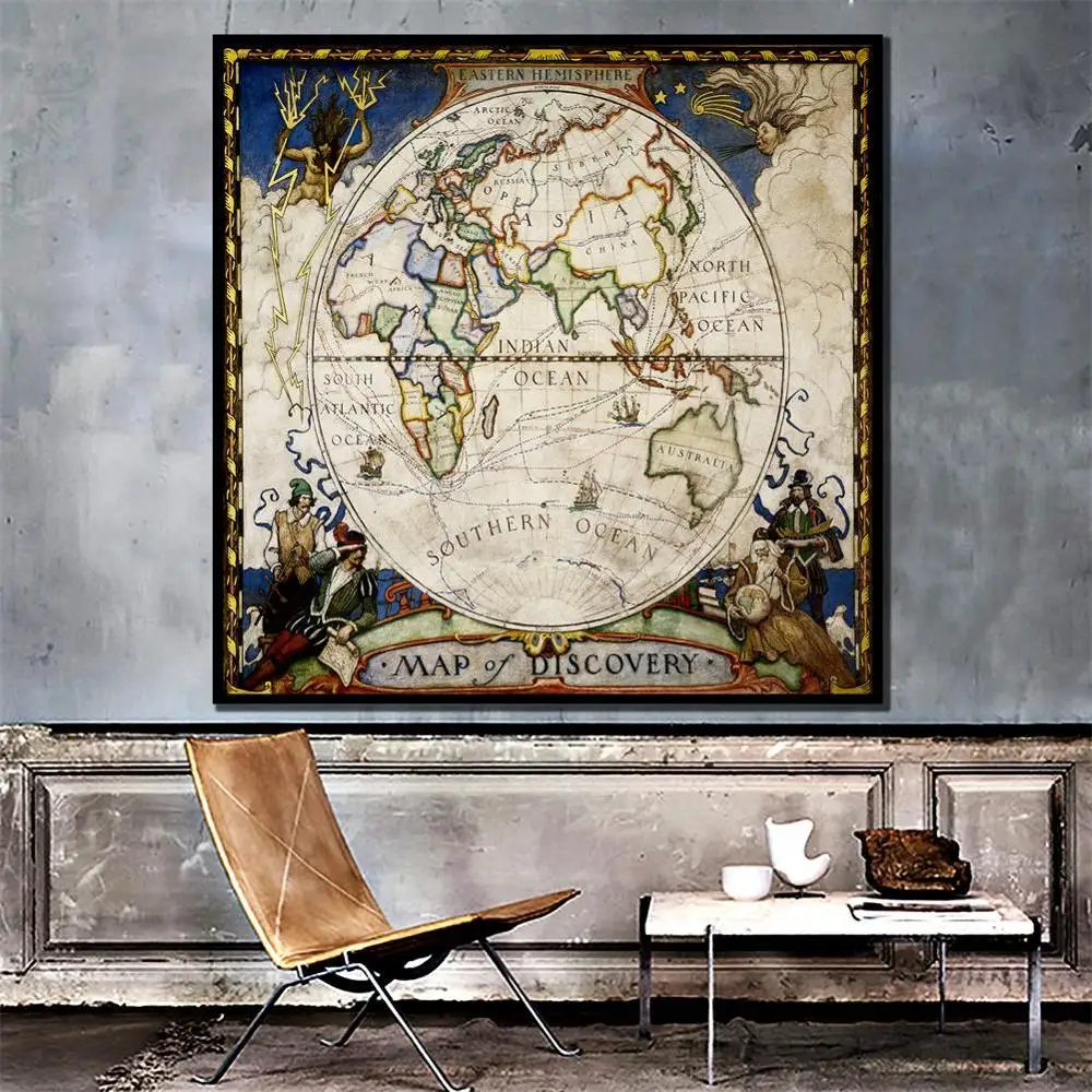 

150x150cm Wall Art Picture Eastern Hemisphere Myth World Map Poster and Prints Canvas Painting for Living Room Office Home Decor