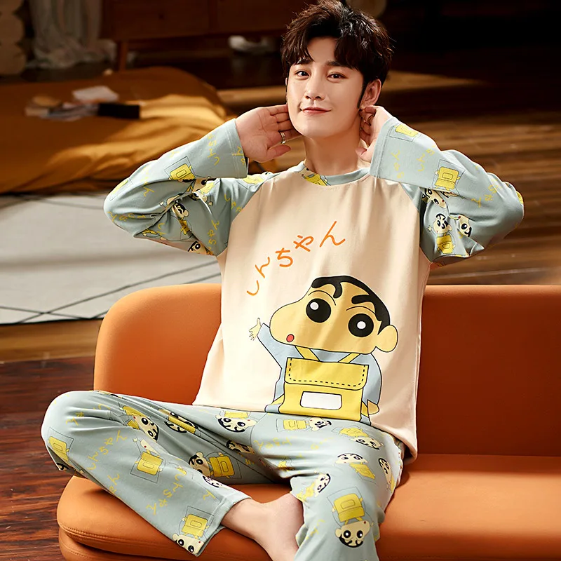 

Nightwear Casual Print Sleep Set Men 2PCS Pajamas Suit Cotton Shirt&Pants Sleepwear Loose Intimate Lingerie O-neck Home Clothes