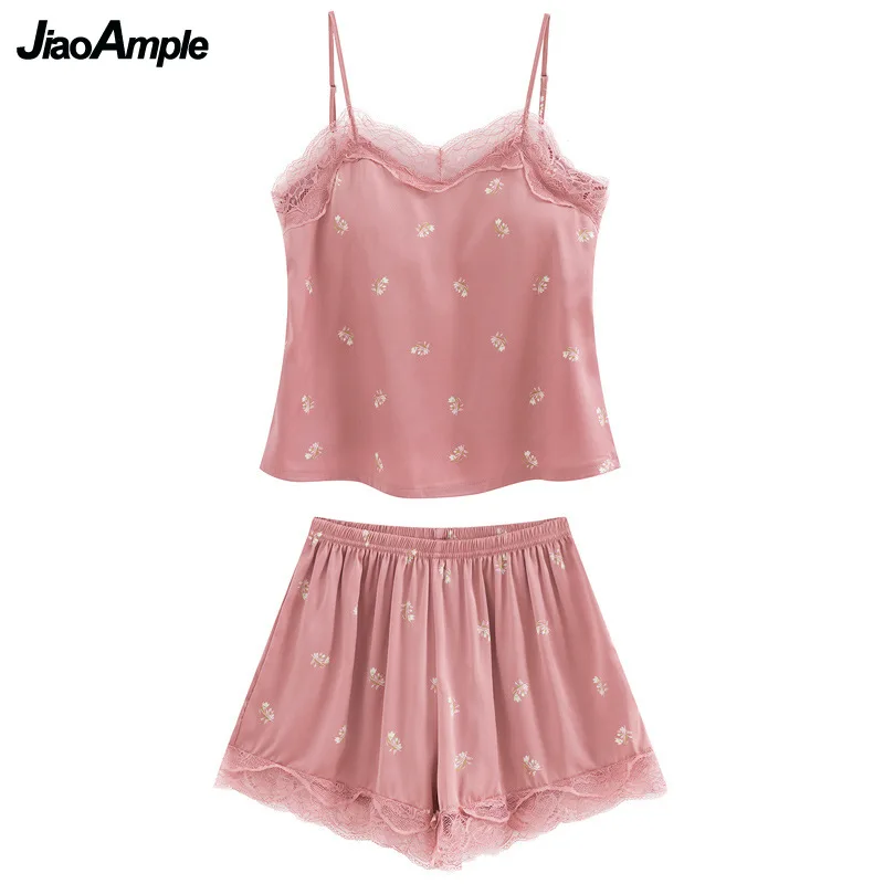 Summer Ice Silk Sling Chest Pad Pajamas Women's Thin Lace Cute Backless Sexy Sleepwear Home Wear Suit Cute Pijamas Set