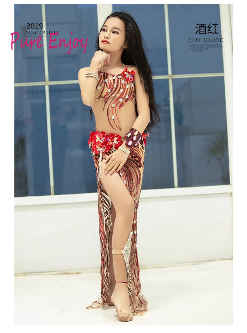 Красный Детский костюм танца живота красно-синего золота Belly Dance Performance костюм Бюстгальтер Fishtail Dress dance Competition Set - Цвет: Красный