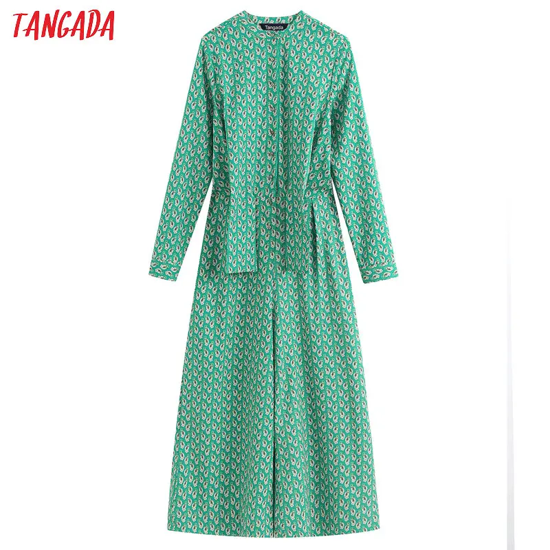 Tangada 2020 Fashion Women floral print green jumpsuit bow waist long sleeve strethy waist vintage female casual jumpsuit BE320