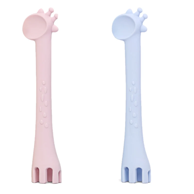 

Baby Spoon & Fork Training Set, Fun Giraffe Design Soft Silicone Infant & Toddler Utensils for Mealtime and Self Feeding ( Pink&