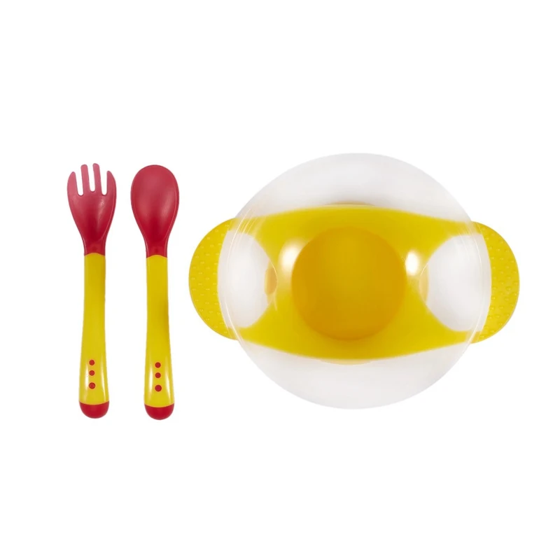 

Baby Infants feeding Bowl With Sucker and Temperature Sensing Spoon Suction Cup Bowl Slip-resistant Tableware Set(yellow)