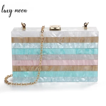 

Acrylic Evening Bag For Women Multicolor Stripe Patchwork Day Clutches Lady Wedding Purse Hard Case Party Chain Handbags ZD1116