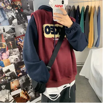 

2019 Autumn And Winter New Youth Popular Fake Two Hooded Sweatshirts Fashion Casual Color Matching Loose Pullover Gray / Red