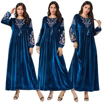 

Floral Abaya Muslim Women Maxi Dress Long Sleeve Velvet Embroidery Kaftan Jilbab Vintage Islamic Loose Clothing Dubai Fashion