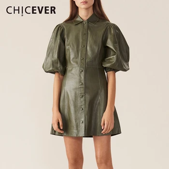 

CHICEVER PU Leather Dress For Women Lapel Collar Puff Sleeve High Waist Mini Dresses Female 2020 Autumn Big Size Fashion New