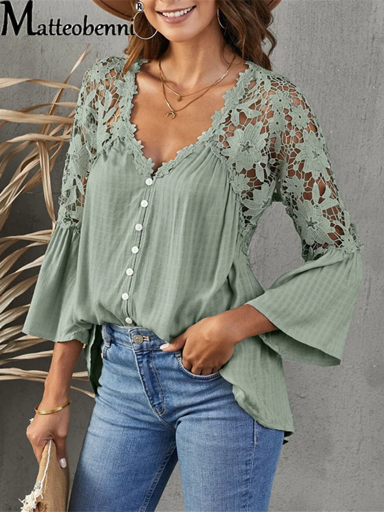 Loose Lace Shirt Flared Sleeves Solid Color Deep V Sexy Breasted Pullover Chiffon Shirt For Women New Fashion Splice Clothing mens zaful raglan sleeves fairbanks mountain landscape embroidery quarter zip polar fleece sweatshirt s deep green