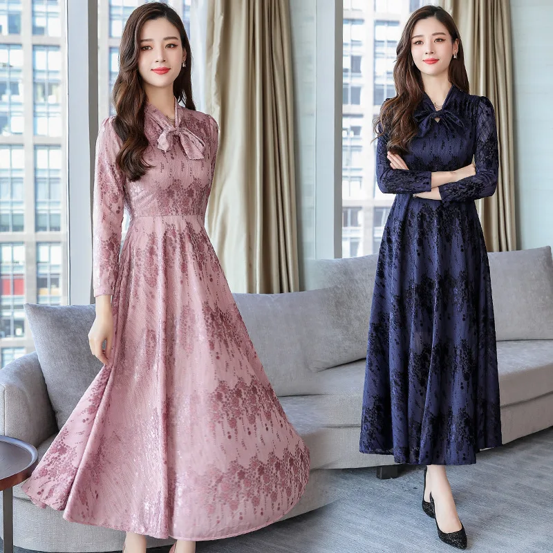 

Photo Shoot Long Sleeve Jacquard Velvet Lace-up Dress Women's Spring 2019 Belly Covering Mid-length Large Size Skirt