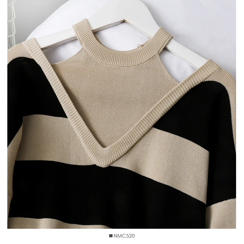 Mooirue зима осень вязанные комплекты из 2 предметов для женщин Водолазка Полосатый пуловер+ эластичные широкие брюки винтажные комплекты свитеров